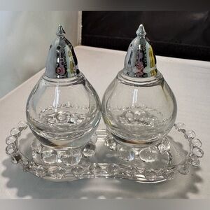 Imperial Glass Candlewick Clear Salt & Pepper Shakers with tray. Metal Lids